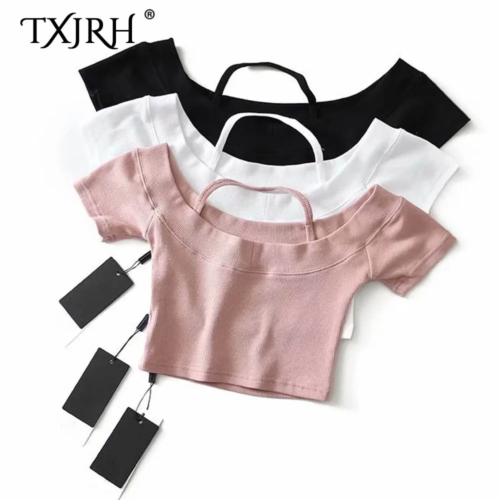 

TXJRH Sexy Backless Slim Tight Crop Slash Neck Pullover Halter Knitted Short T-Shirt Women Short Sleeve Thread Tee Tops 3 Colors