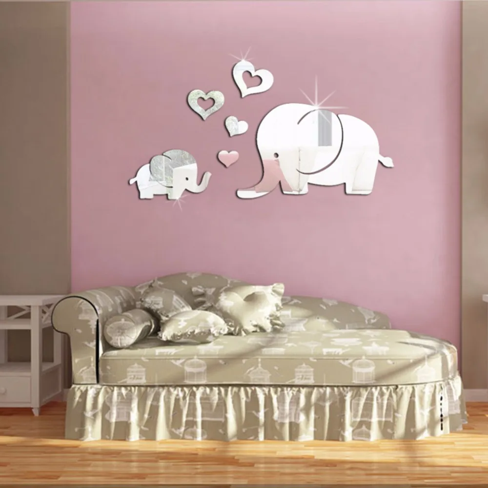 NEW 3D DIY Elephant Hearts Cartoon Mirror Wall Sticker for