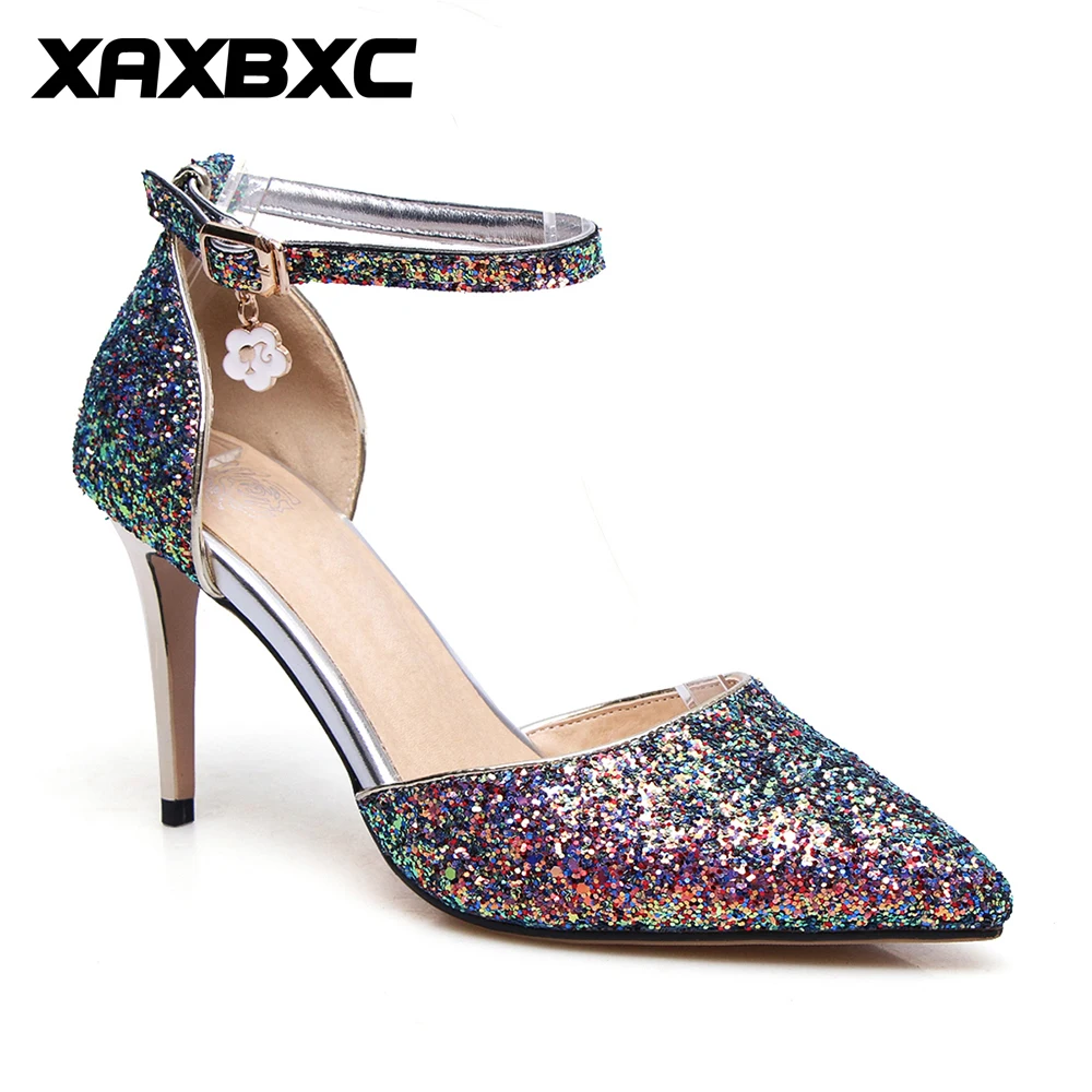 

XAXBXC 2018 New Summer Fashion Bling Bling Sequined High Heels Women Sandals Peep Toe Glitter Pumps Woman Party Shoes HXE 6651