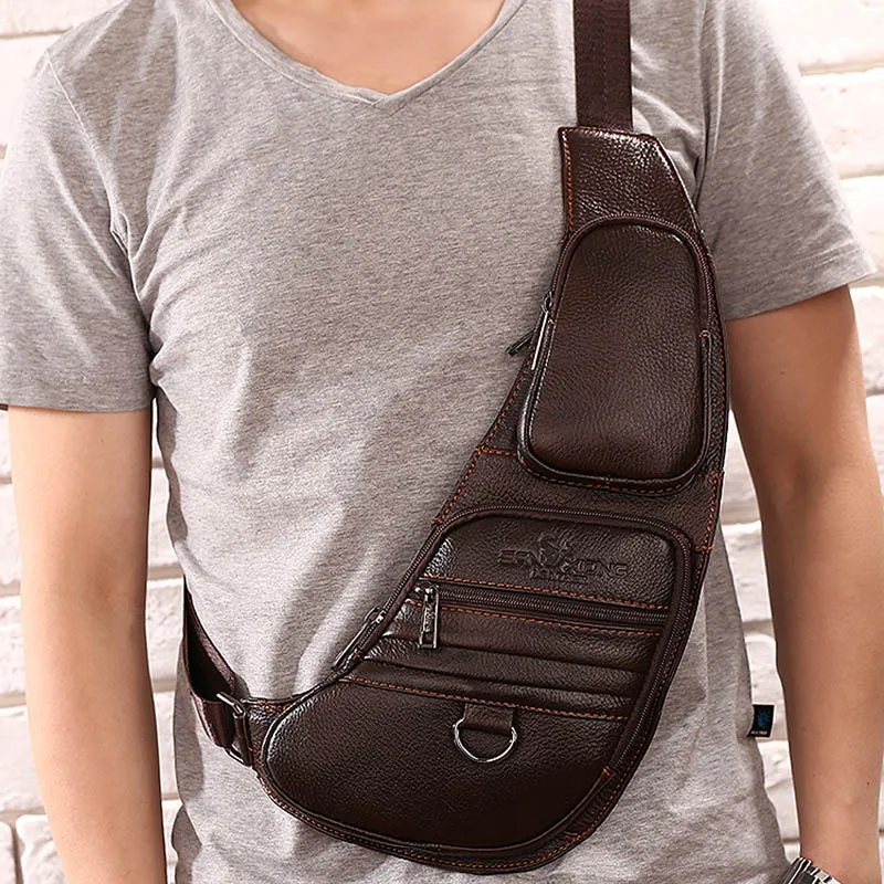 Высокое качество натуральной воловьей кожи мужские сумки на плече на груди ретро бренд известный путешествия слинг Сумка рюкзак из натуральной кожи один рюкзак - Цвет: Coffee Metal zipper
