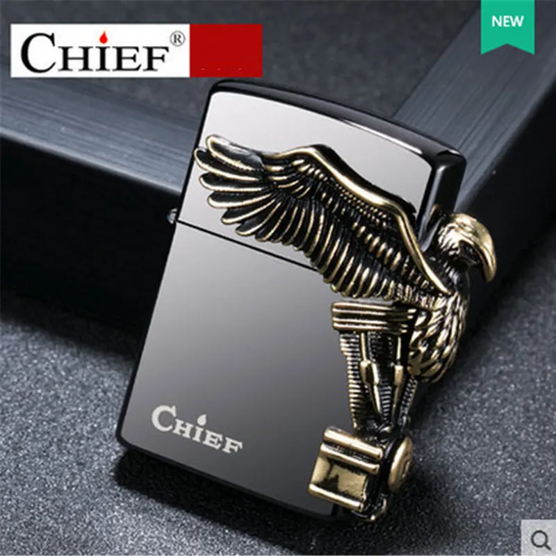 Luxury CHIEF Kerosene Cigarette Lighter Black Eagles Metal Oil Flame
