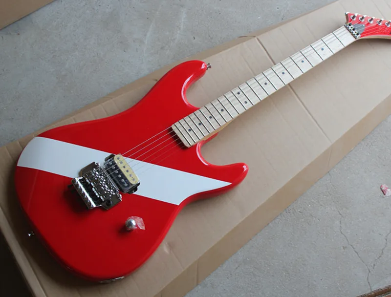 

Factory Wholesale Red body White Stripes Electric Guitar with 1 Open Pickups,Maple Neck, Double Rock,Offer Customized