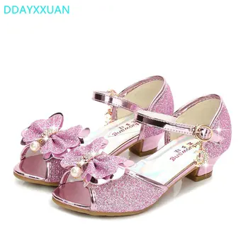 

Girls Princess Sandals 2018 New Summer Kids Leather Bowtie Girls Wedding Shoes High Heels Dress Shoes Party Sandal For Girl