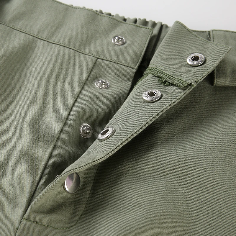 Waatfaak Elastic High Wasit Cargo Pants Women Long Green Cotton Pants Pockets Patchwork Military Button Splice Pantalon Femme
