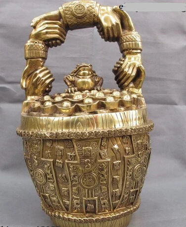

xiuli 002584 Chinese Folk Copper Bronze Fengshui Lucky Wealth Toad YuanBao Treasure bowl keg