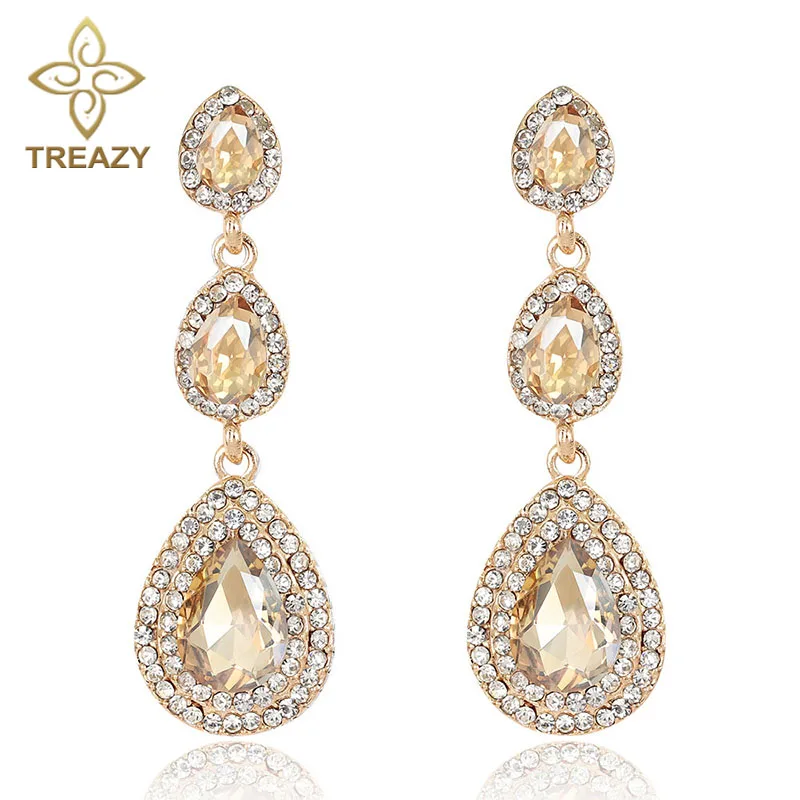 

TREAZY Luxury Champagne Crystal Earrings Gold Color Jewelry Fashion Female Bricons Wedding Long Big Drop Earrings For Women