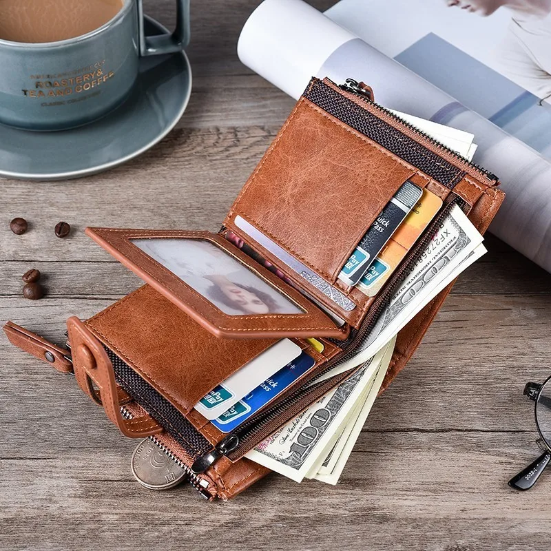 Tri-bifold Wallet Purse PU Leather Men's Wallet Hasp Design Small Mens Wallets With Zipper Coin Poc