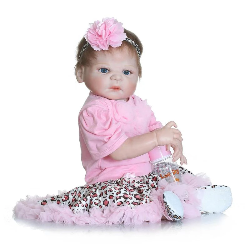 

55cm/22" Pink Flower Lace Dress Girl Full Body Vinyl Soft Touch Reborn Baby Dolls Kids Xmas Gift w Pacifier Bottle Toy