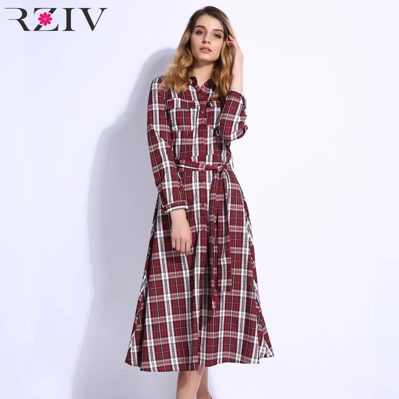 

RZIV autumn women dress casual long plaid shirt dress decoration long sleeve with belt pocket