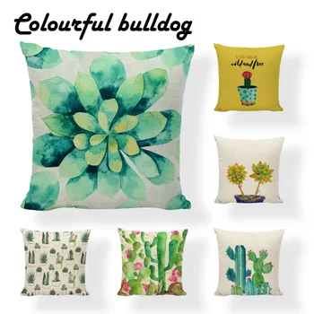

Tropical Leaf Green Cactus Cushion Covers Cacti Succulents Linen Cotton Farmhouse Decorative Sunset Yoga Chair Throw Pillow Case