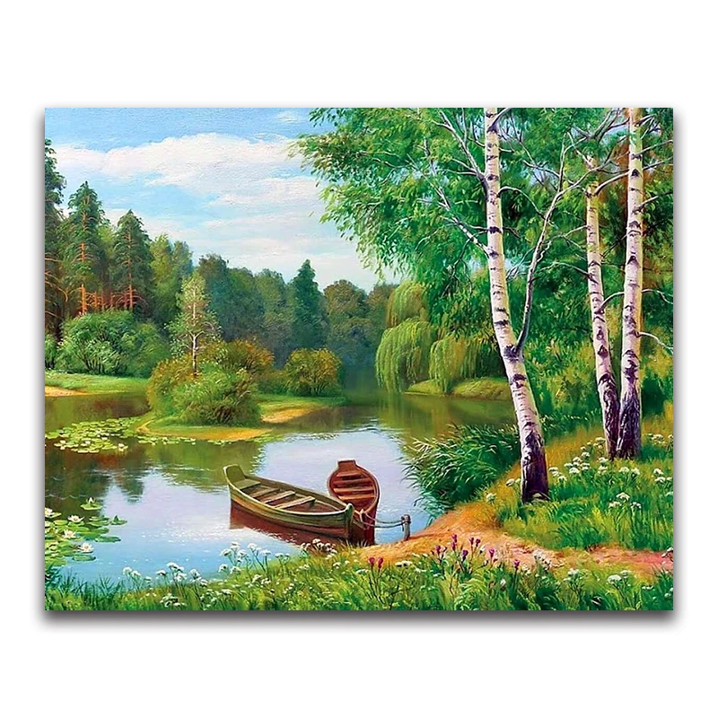 Green Tree Full square Diamond mosaic Forest 5D DIY Diamond painting Cross stitch Boat round Diamond embroidery Landscape Water