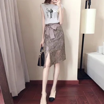 

Set Female 2018 Summer New Temperament Fashion Was Thin Sleeveless Bottoming Shirt + Lace Skirt Elegant Two-piece Leisure Set