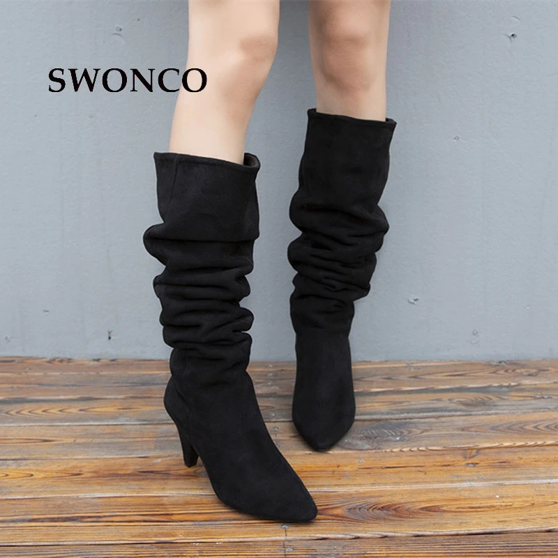 SWONCO 2018 Autumn Winter Over The Knee Thigh High Boots Women Shoes Fashion Casual Heels Long Woman Boot Femme Ladies Black