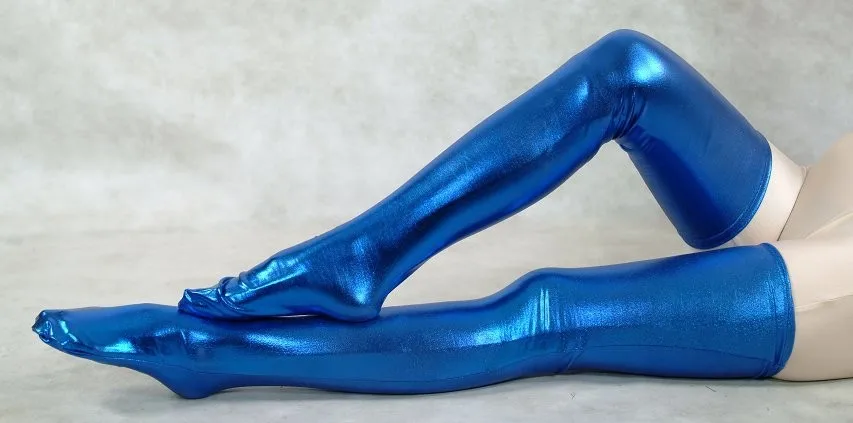 

Woman blue shiny metallic sexy thigh high socks fetish unisex zentai suit classic halloween costumes