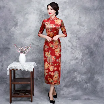 

Winter Velvet Cheongsam Chinese Dress Red Flower Qipao Long Evening Gown China Oriental Wedding Gowns Tradition Clothing
