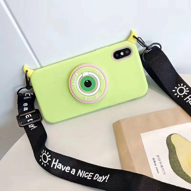 

3D Cartoon Cute Big eyes Camera Case for iPhone 6 6S 7 8 Plus Soft Silicone Cover for iPhone X XS XR XS Max Bracket With lanyard