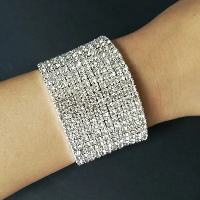 12 Rows Rhinestone Crystal Wedding Bracelet Silver Plated and Gold Color Stone Wide Bangle Bracelet for Women (1)