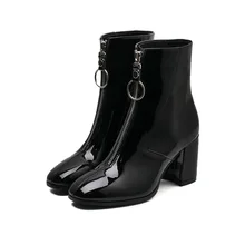 Mulheres Sapatos 2019 Botas Com Zíper Frontal Mulher Grande Zíper Aberto Botas Mid-Calf Botines Inverno Grossos sapatos de Salto Alto Patente botas de couro