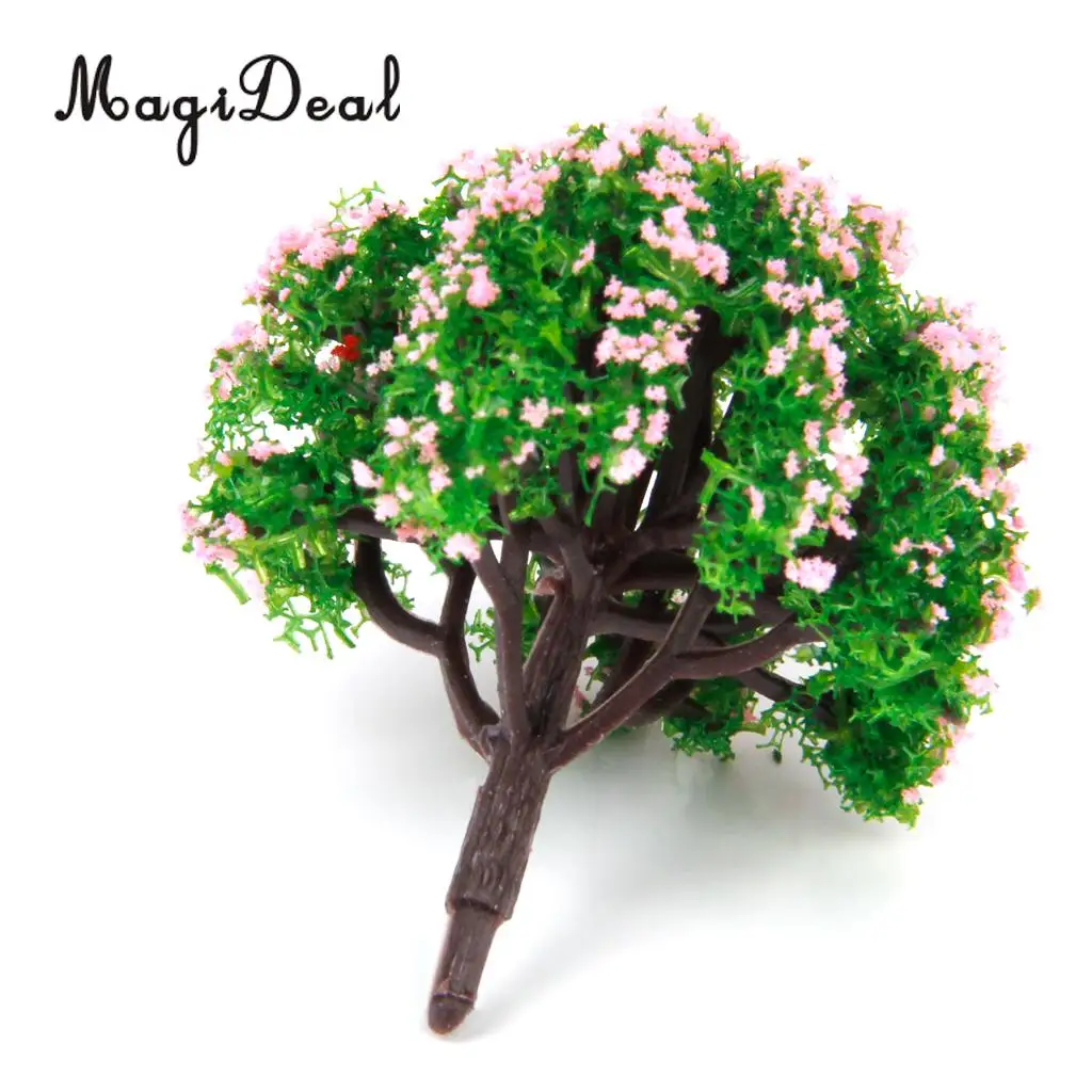 MagiDeal  5Sizes 10Pcs Plastic Model Tree with Pink Flower for Railroad Railway Train Track Home Garden Building Layout Diorama