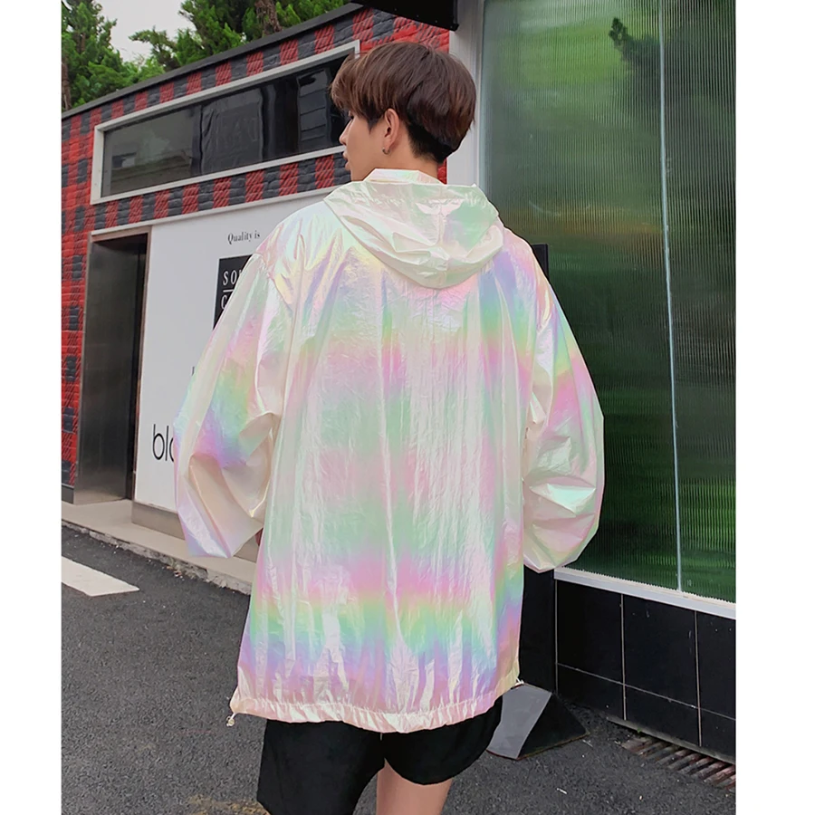 Summer Thin Laser Hip Hop Jacket Windbreaker Men Streetwear Harajuku Swag Hooded Jackets Gradient Sunscreen Couple Unisex Coats