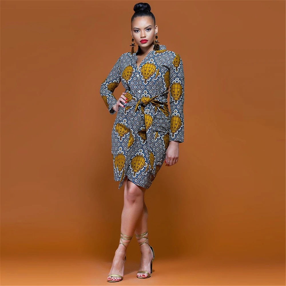 

BAIBAZIN New African Dresses for Women V-neck Printing Waist Strap Dress Long-sleeved Women's Irregular Mid-length Dress