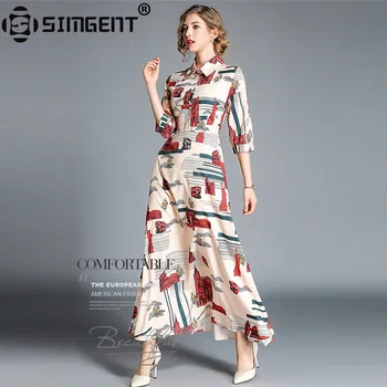 

Simgent Summer Autumn Women Elegant Turn Down Collar Three Quarter Sleeve Print Slim Elegant Flared Shirt Dress Vestidos SG8862