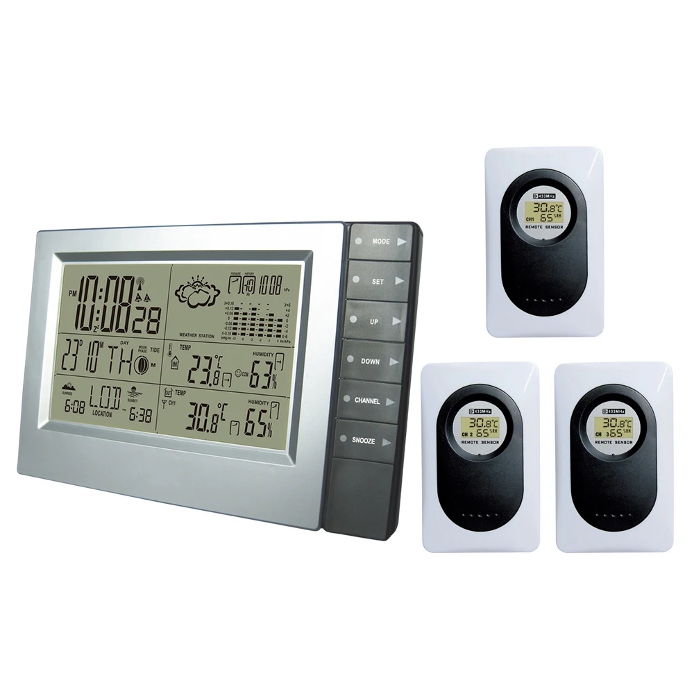 

433MHz RF RCC Wireless Weather Station with Digital Alarm Clock Barometer Indoor Outdoor Temperature Humidity 3 Transmitters