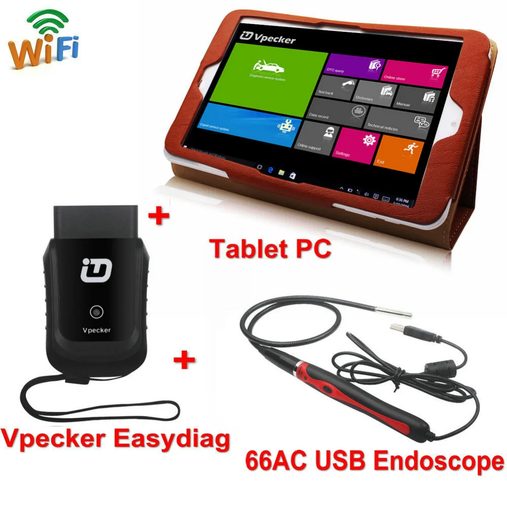Win10 Tablet Vpecker Full Systems Car Diagnostics OBD2 Wifi Diagnostic Tool Scanner Automotriz 66AC USB INSPECTION