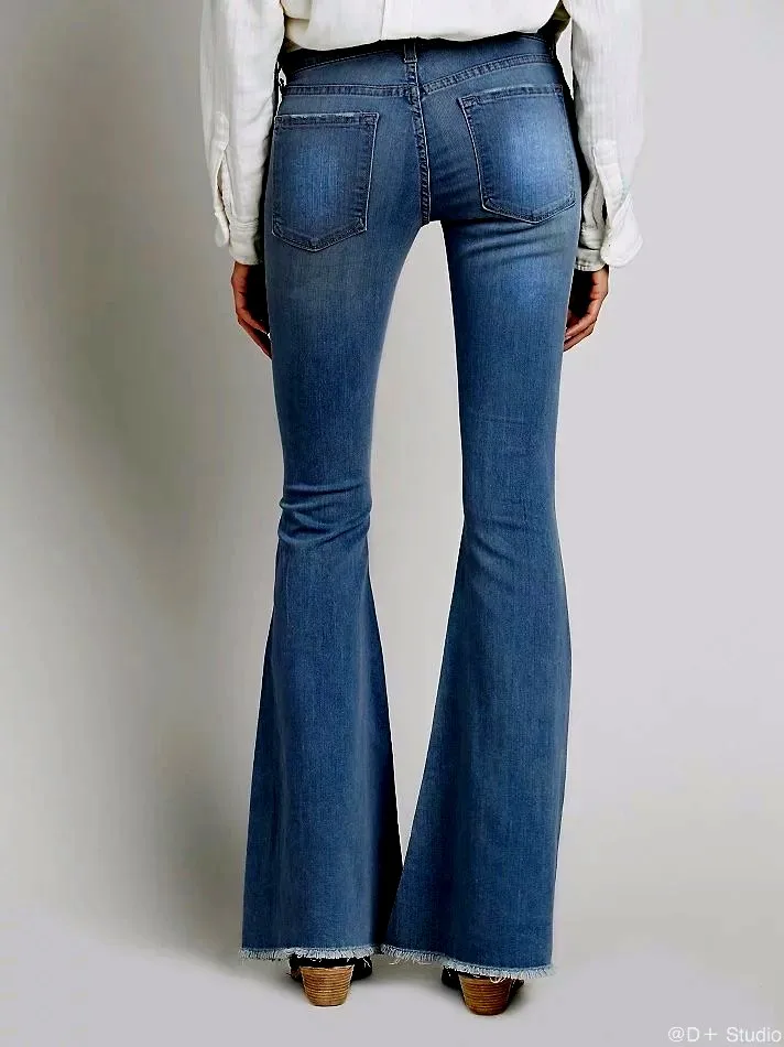 Calças de Brim para Mulheres 2020 do Vintage de Cintura Baixa Incendiar Elásticas Estilo Retro Fundo Sino Magro Calça Jeans Feminina Azul Escuro Denim Perna Larga Calças 9 High Quality Moda Feminina