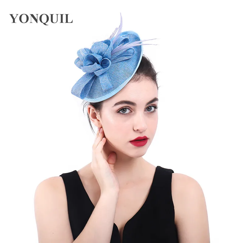 

Light blue hats hair fascinators for weddings accessory elegant lady headpiece headbands headwear feather women party headdress