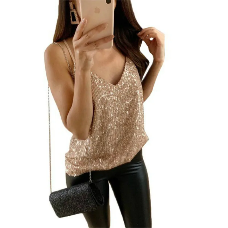 

2019 summer Women's Tops Bling Bling Halter Tops Casual Daily Tops Vest Loose V-Neck sexy Camis