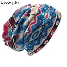 Lovingsha, бренд, осенне-зимняя женская шапка двойного назначения, тонкая, винтажный геометрический дизайн, Skullies Beanies, женский шарф, маска для лица, HT024