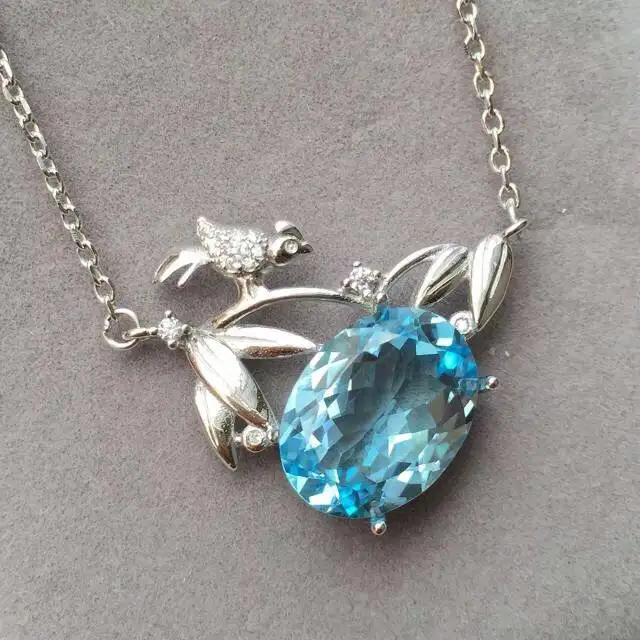 Natural blue topaz stone Necklace natural gemstone Pendant Necklace S925 silver trendy luxurious Birds flowers women
