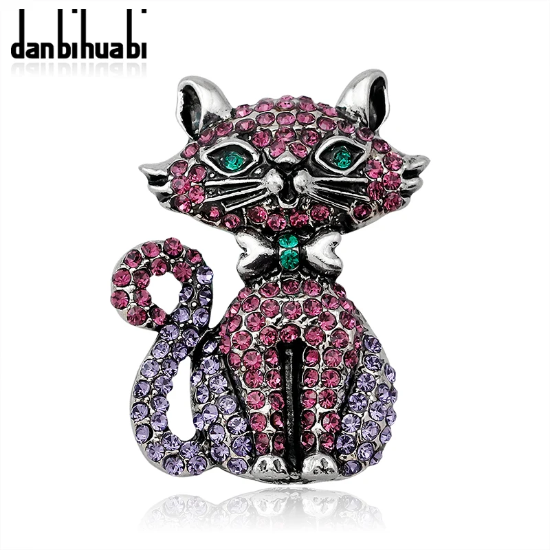 

Fashion Natural Colored Rhinestones Cat Animal Pins and Brooches for Women Wedding Party Bouquet Scarf Silver Color Brooch