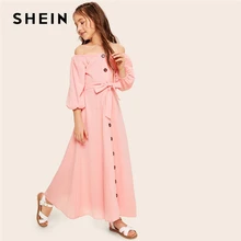 SHEIN/милое розовое платье для девочек с открытыми плечами, пуговицами и поясом спереди, Boho, лето, детские платья трапециевидной формы с рукавом «Бишоп»