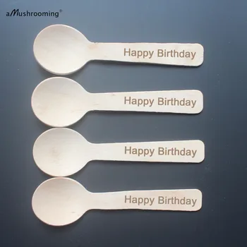 

100 "Happy Birthday" Disposable Ice Cream Scoops Wooden Dessert Taster Spoon First Birthday Party Decoration