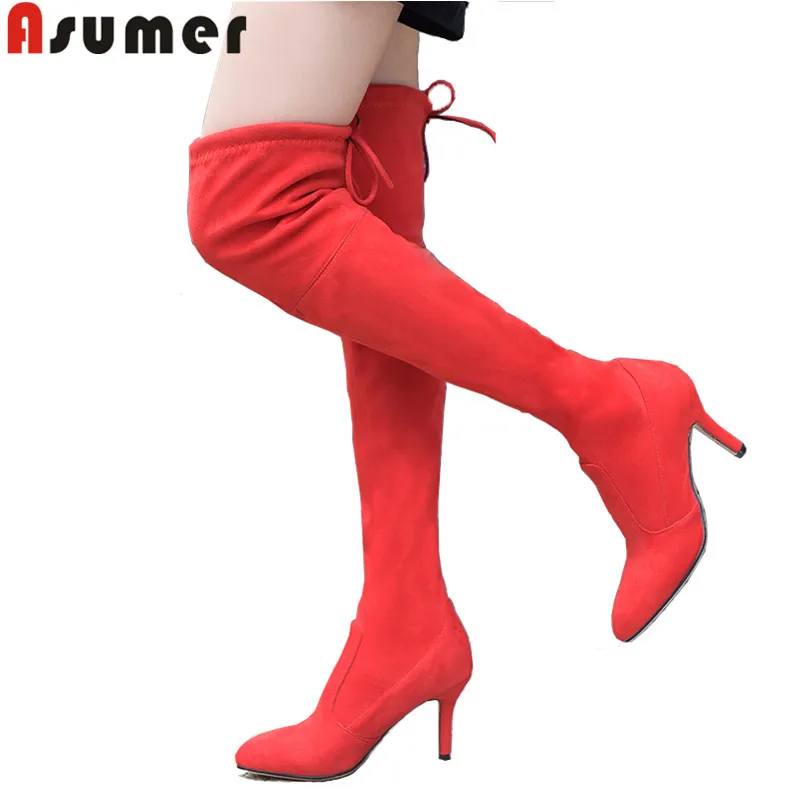 

ASUMER 2018 fashion over the knee boots pointed toe high heels ladies autumn winter boots flock+stretch fabric boots big size