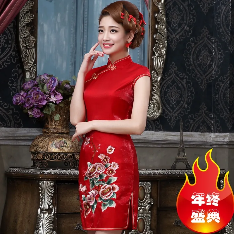 1 шт./лот для женщин короткий тонкий в винтажном стиле cheongsam дамасской двойной с цветами на бретельках с вышивкой, на молнии; платье Ципао в китайском стиле