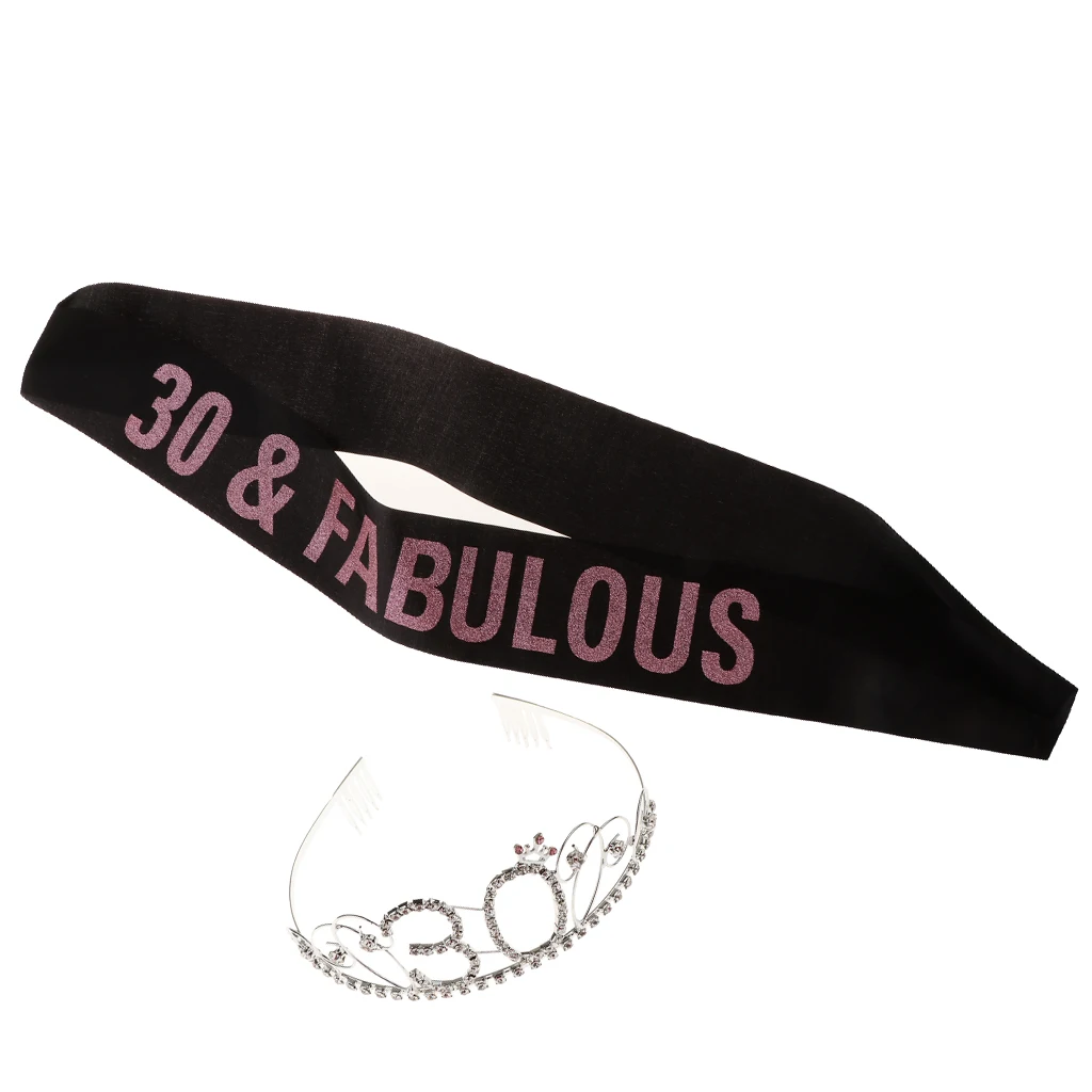 30th Birthday Tiara And Sash Set 30 & Fabulous Glitter Satin Sash Rhinestone Tiara