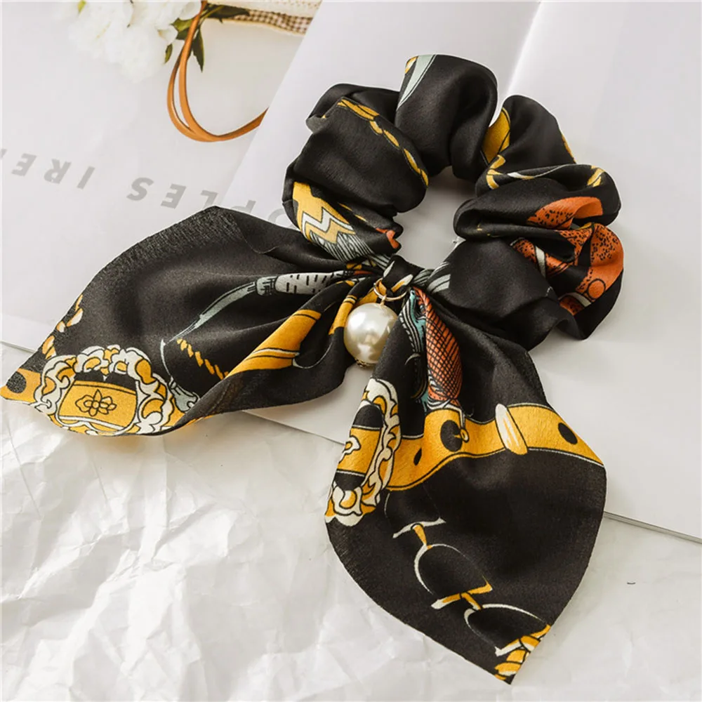 2021 New Chiffon Bowknot Silk Hair Scrunchies Women Pearl Ponytail Holder Hair Tie Hair Rope Rubber Bands Hair Accessories elastic headbands for women