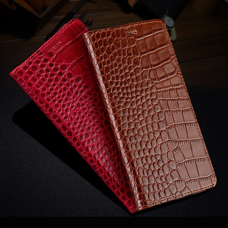  Natural Genuine Cow Leather Cover Case For Nokia 6 ( 2018 ) Crocodile Grain Flip Stand Phone Cover 