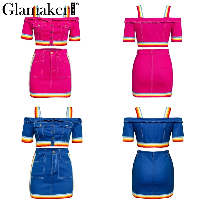 Glamaker, джинсовый костюм из двух частей с открытыми плечами, сексуальное платье, женское облегающее платье на пуговицах, укороченный топ, короткое платье, женское праздничное платье для вечеринки