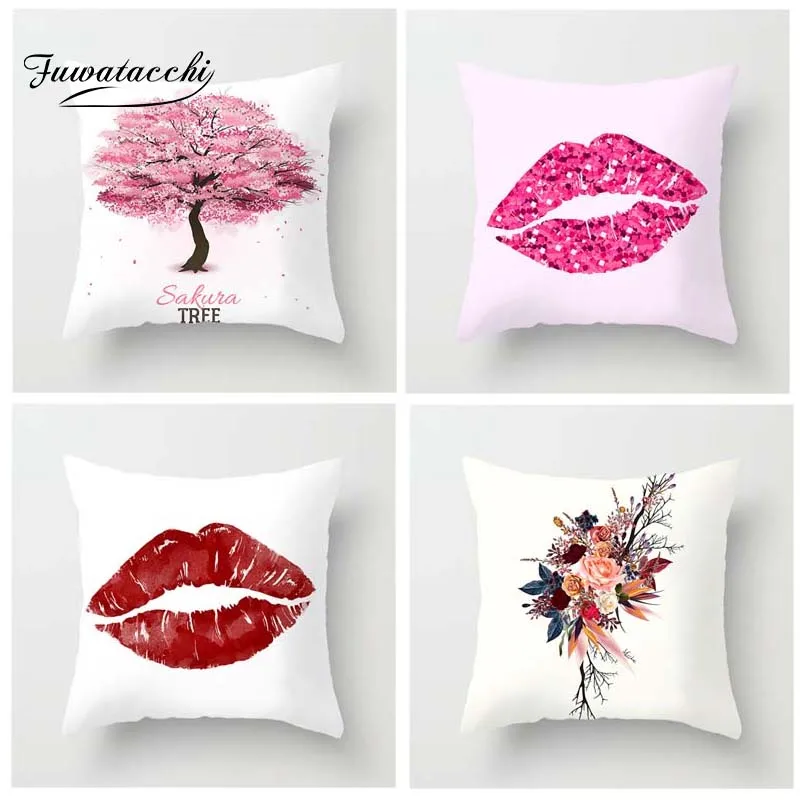 

Fuwatacchi Enthusiasm Style Cushion Cover Kiss Tropical Plant Cherry Tree Printed Pillow Cover Decorative Pillows For Sofa Car