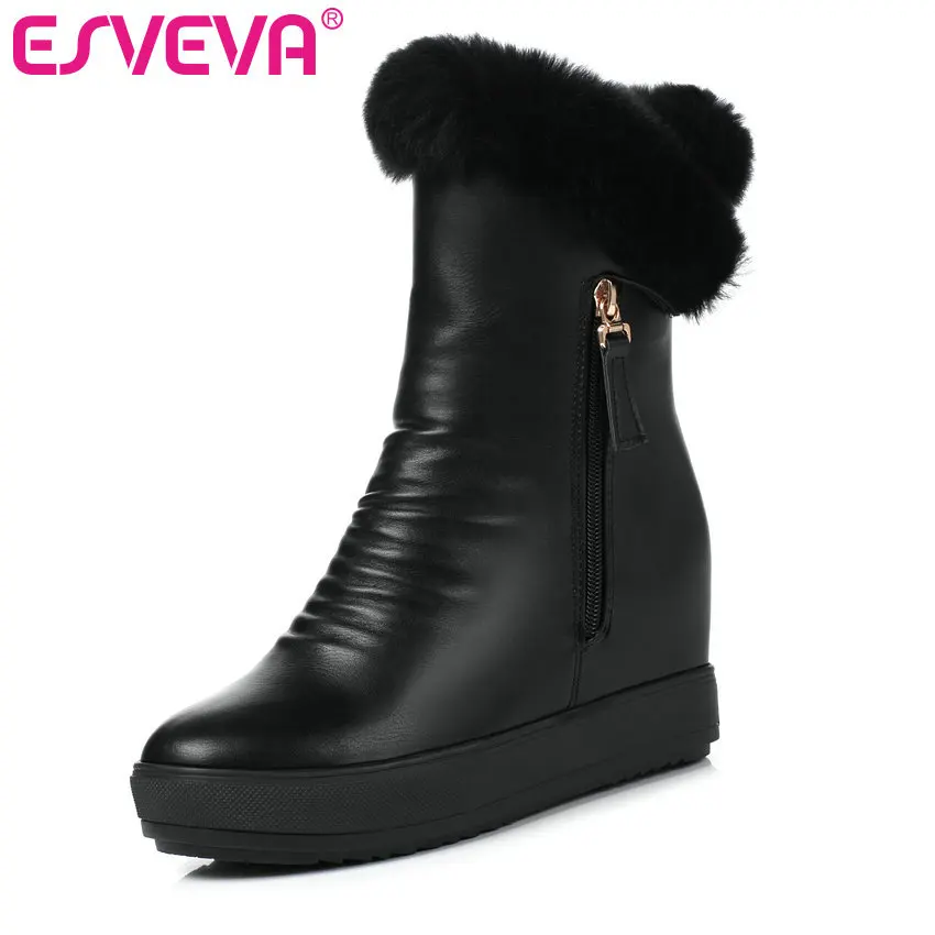 

ESVEVA 2020 Women Boots Mid-calf Boots Round Toe Slip On Fur Wedge Med Heels Platform Casual Shoes Snow Boots Size 34-40