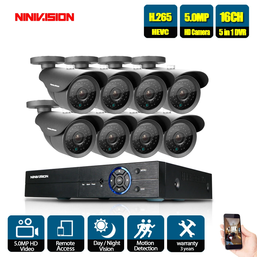 

NINIVISION 5MP Ultra HD Surveillance System 16 Channel H.265+ 5MP Video DVR with 8 x 5MP Ip66 Bullet Weatherproof Cameras