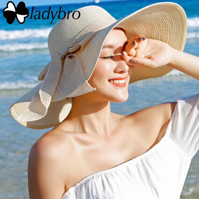 Ladybro Cappello di Estate Delle Donne Tesa Larga Cappello di Paglia  Femminile di Modo Della Signora Del Cappello Del Sole Uv Proteggere Grande  Arco Cappello Della Spiaggia Viaggio chapeau Feminino|brim straw hats|large