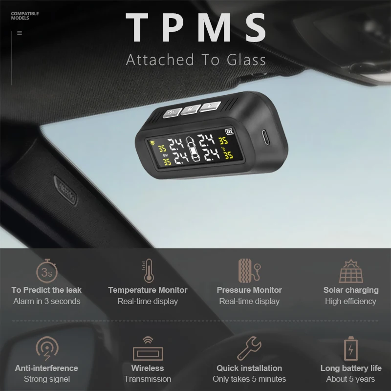 Jansite Tpms Солнечная беспроводная система контроля давления в шинах, автомобильная система безопасности 12 В, ЖК-цифровой, прикрепленный к стеклу с 4 датчиками PSI