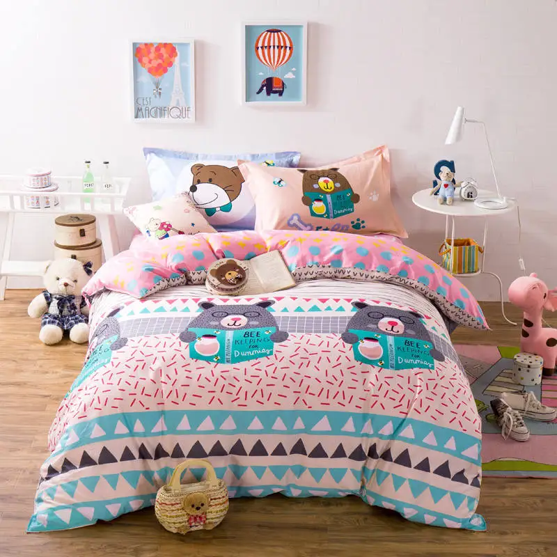 

Cartoon Bear Bee Bedding Sets Blue Pink Duvet Cover 100% Cotton Queen Full 4/5PC Geometric Bedsheet Pillowcase Kids/Girls 400TC