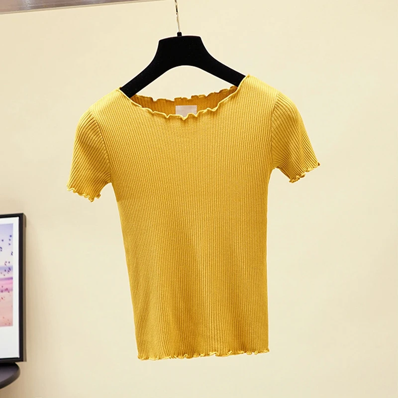 

Women Knitted Ruffles T Shirt Crop Top 2019 New Summer Short Sleeve Solid High Elastic Harajuku T Shirt Round Neck Basic TShirts