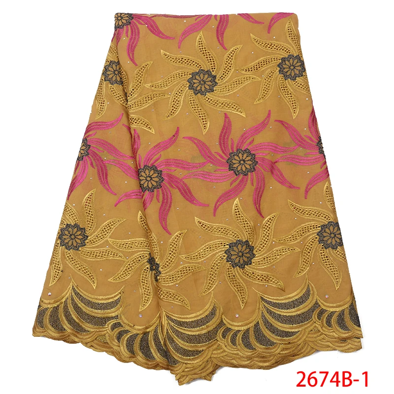 

2019 Swiss Voile Lace in Switzerland High Quality African Dry Cotton Embroidery Lace Fabric with Stones for Dresses KS2674B-1
